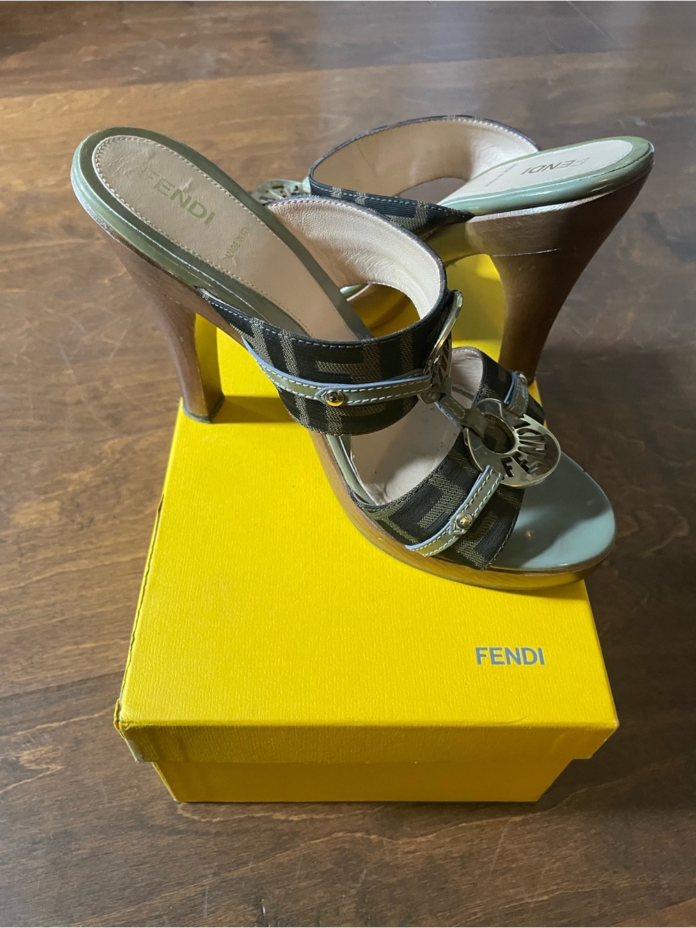 Fendi Brown Green Monogram Wood-Heel Mules